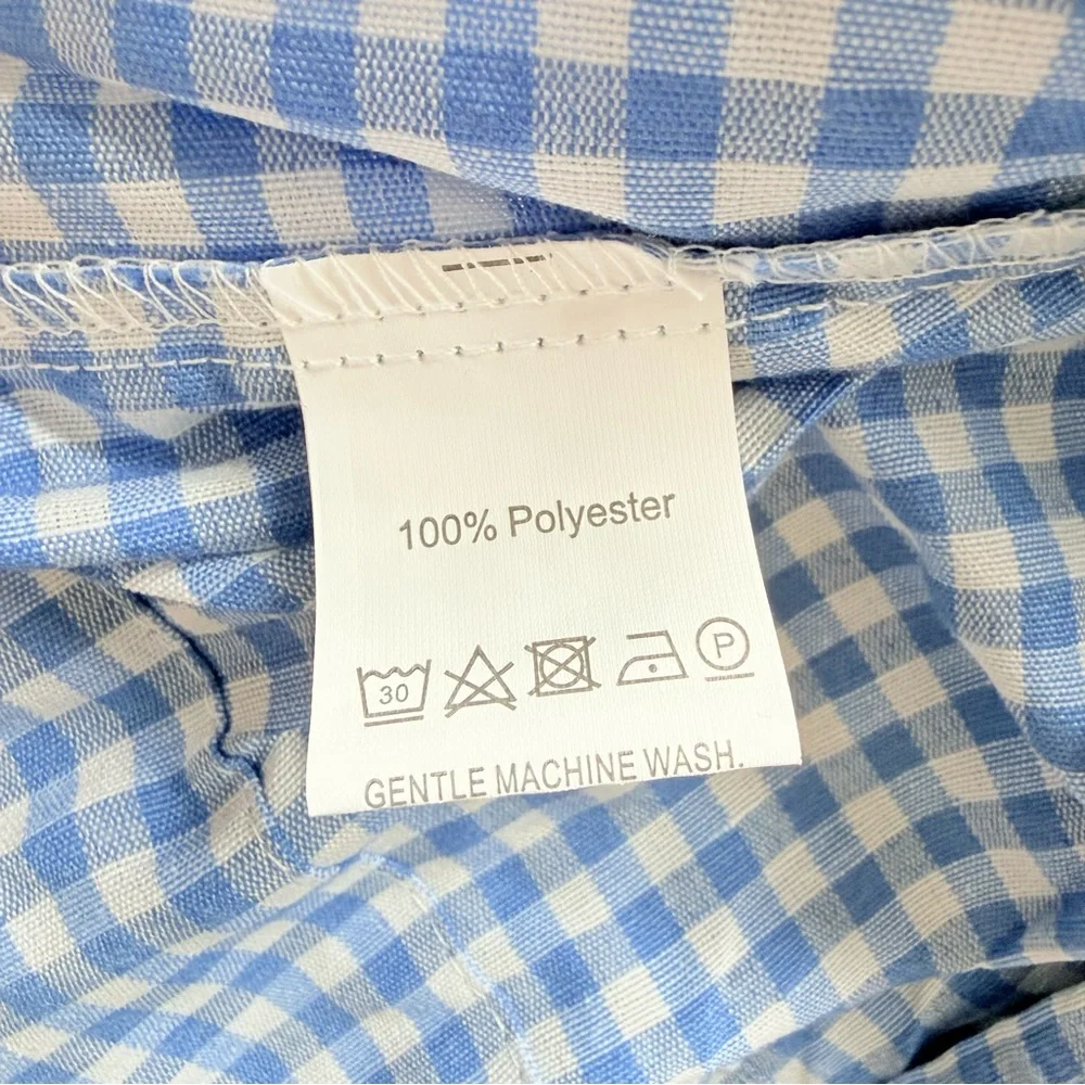 NWOT-Woman’s Blue Plaid Gingham Babydoll Top w/ Tie Front Short Puff Sleeves - Picture 9 of 14